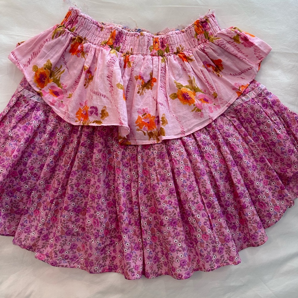 LoveShackFancy Ruffle Mini Skirt in Exploded Pink Mixed Print Floral